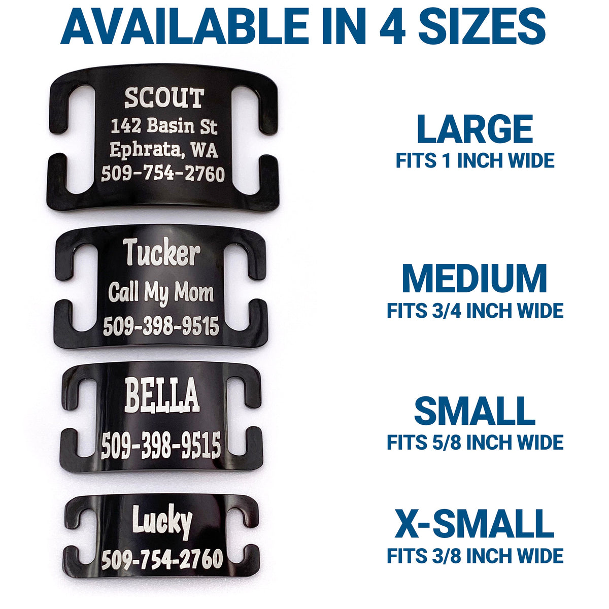 Diagram showing ‘Available in 4 sizes’ and slide-on stainless steel tag sizes L (1 in), M (3/4 in), S (1/2 in), XS (3/8 in)