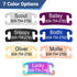 Promotional image showing 7 color options for slide-on pet ID tags with sample engraved names and phone number