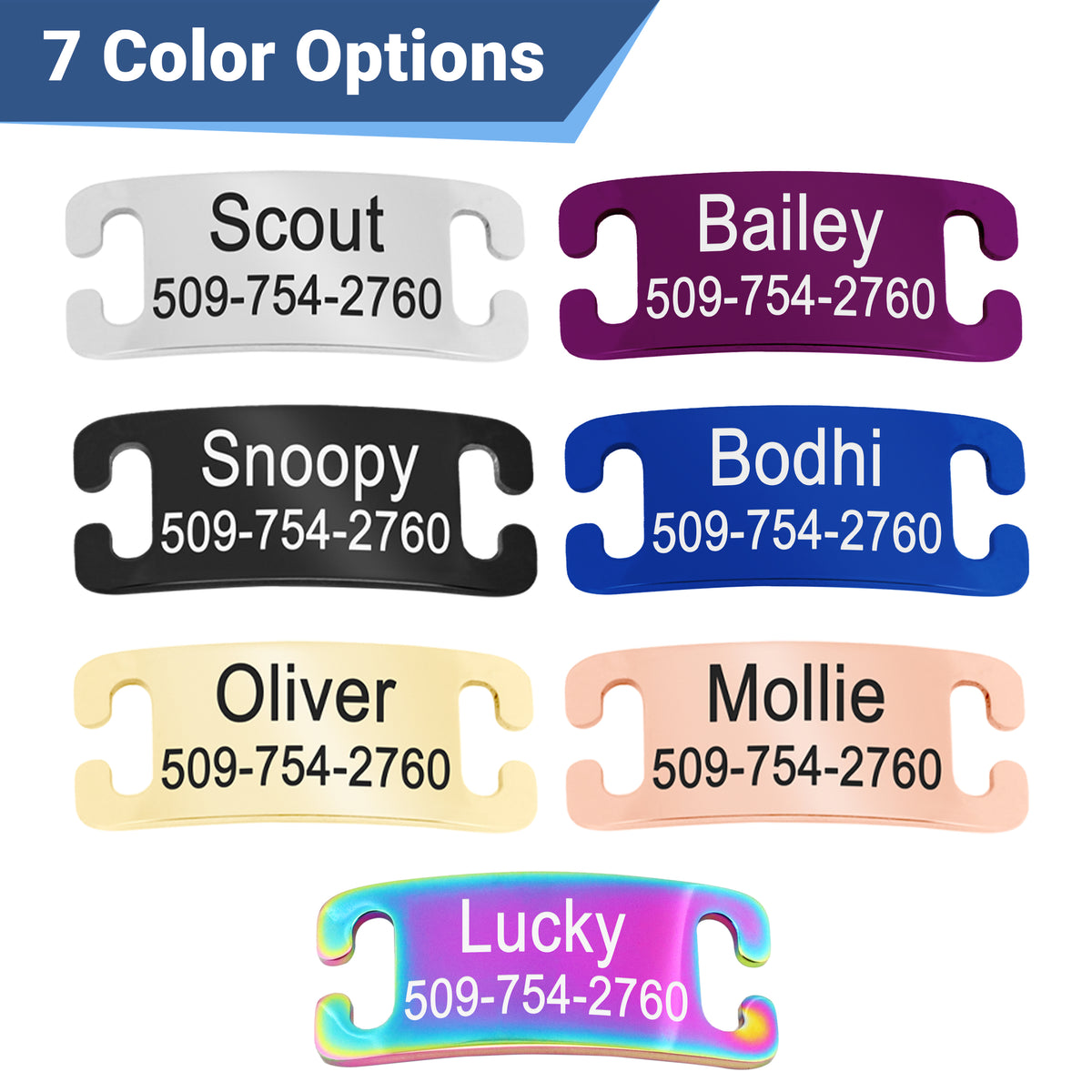 Promotional image showing 7 color options for slide-on pet ID tags with sample engraved names and phone number