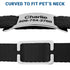 Close-up of stainless steel slide-on pet tag showing curved fit on a black nylon collar, headline CURVED TO FIT PET'S NECK
