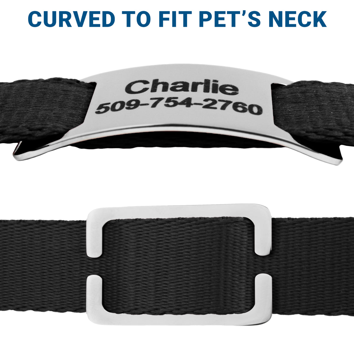Close-up of stainless steel slide-on pet tag showing curved fit on a black nylon collar, headline CURVED TO FIT PET'S NECK