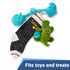 Front view of gray knit personalized Christmas stocking filled with toys, overlay 'Fits toys and treats'