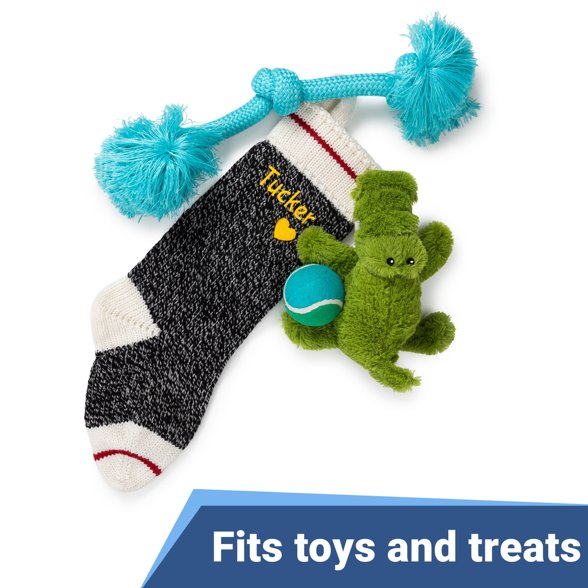 Front view of gray knit personalized Christmas stocking filled with toys, overlay 'Fits toys and treats'