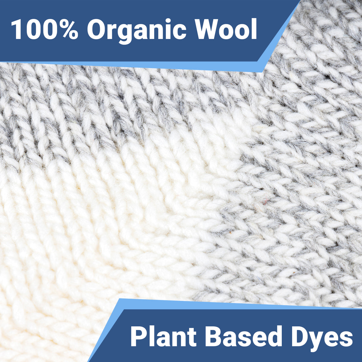 Product feature graphic showing 100 percent organic wool and plant based dyes
