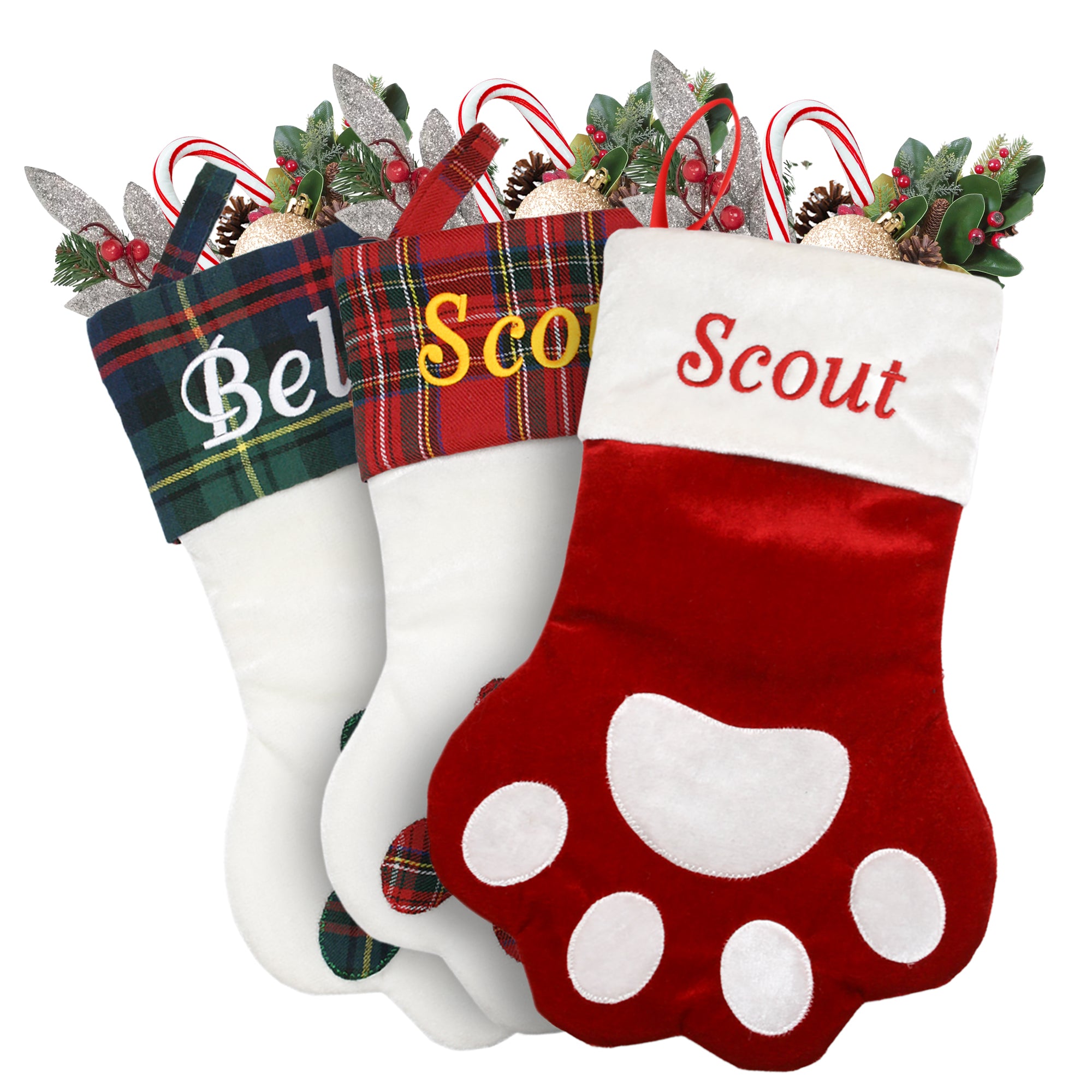 Front view of red paw-shaped pet Christmas stocking with white velvet paw accent, example name Scout embroidered, hanging loop