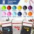 Front view of personalized knit Christmas stocking with embroidered name and thread color swatches
