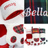 Close-up of paw-shaped pet Christmas stocking showing velvet red fabric and white velvet paw-print accent with embroidered name area