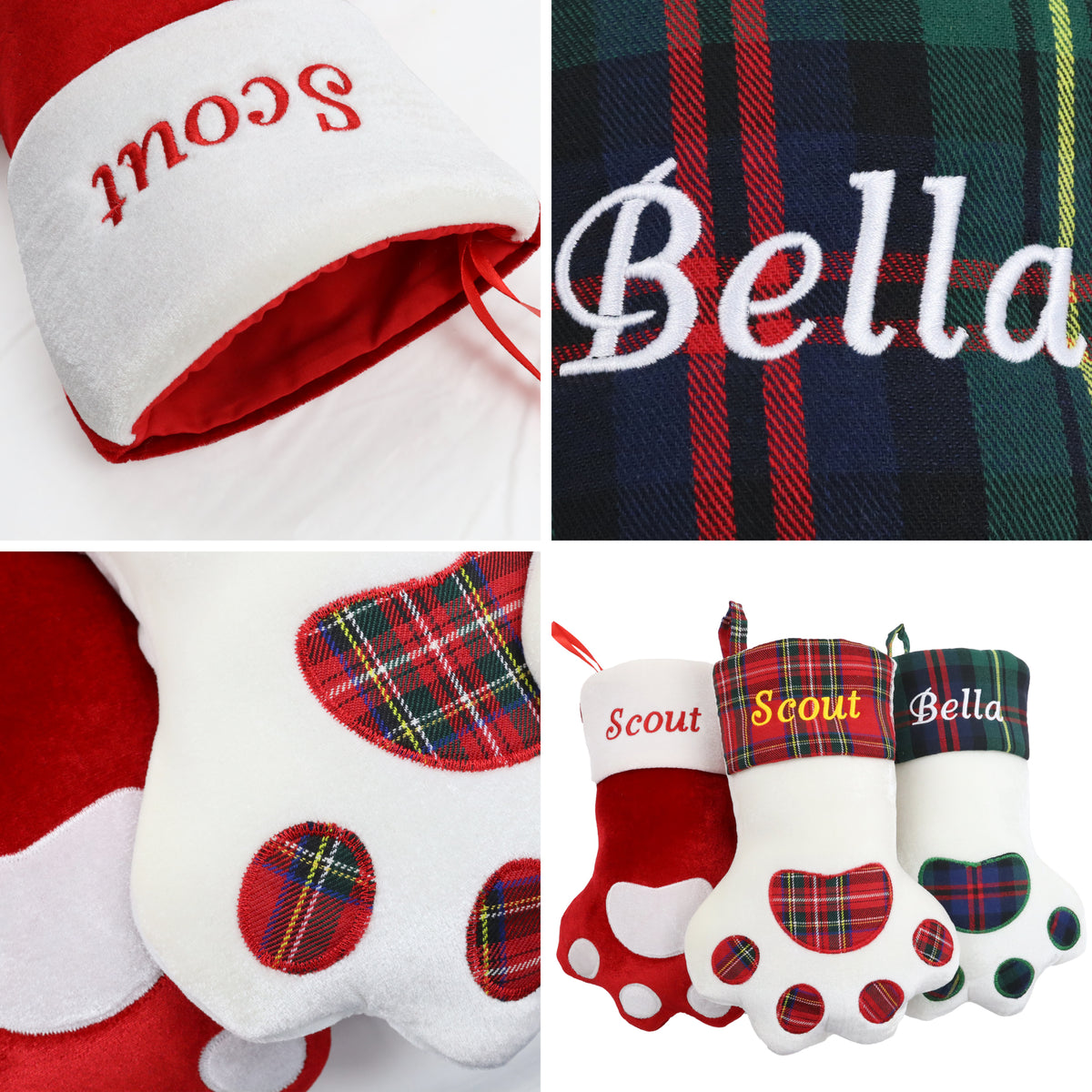 Close-up of paw-shaped pet Christmas stocking showing velvet red fabric and white velvet paw-print accent with embroidered name area