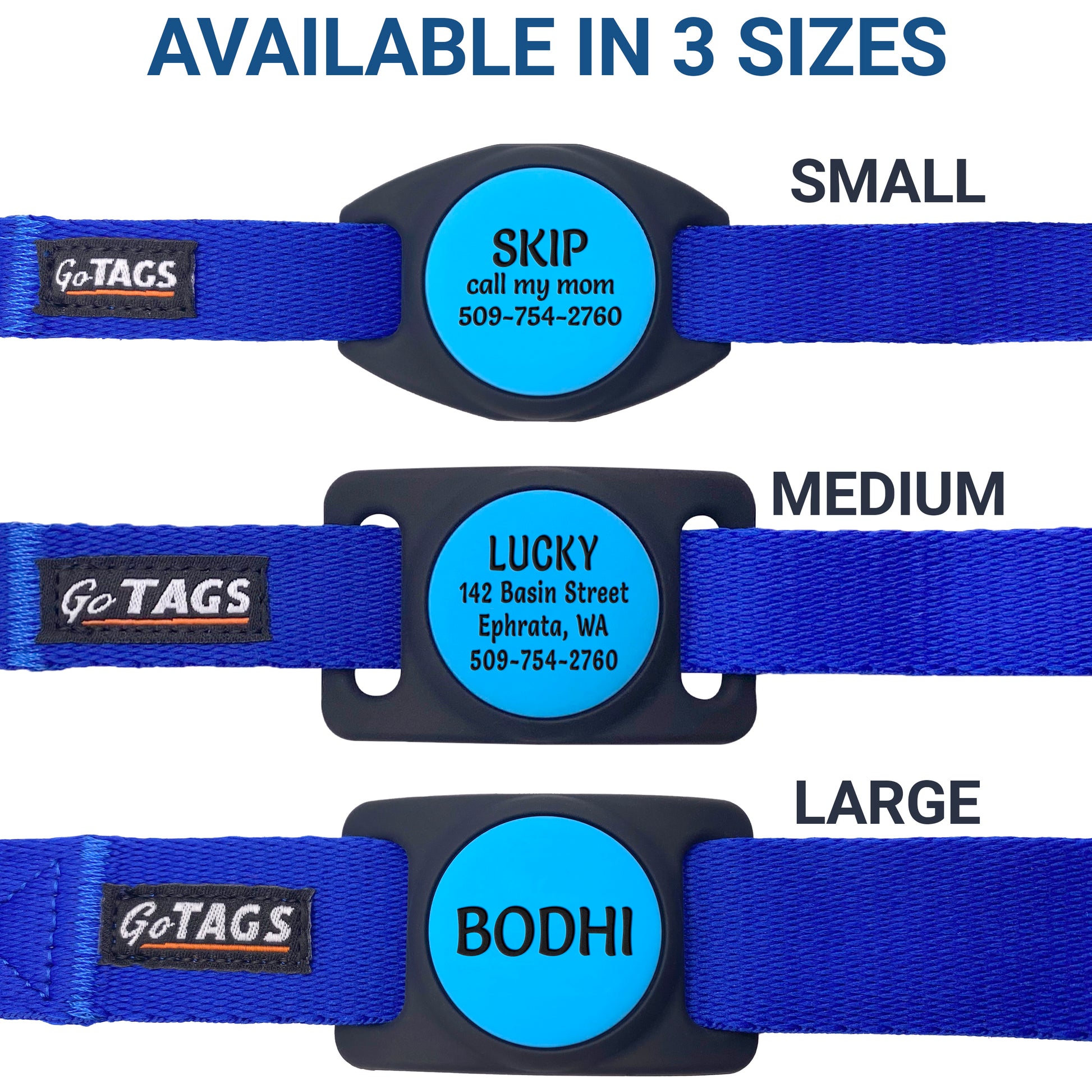 Front view of Dog Collar with AirTag Holder, Personalized showing silicone AirTag holders and Available in 3 sizes headline on white background