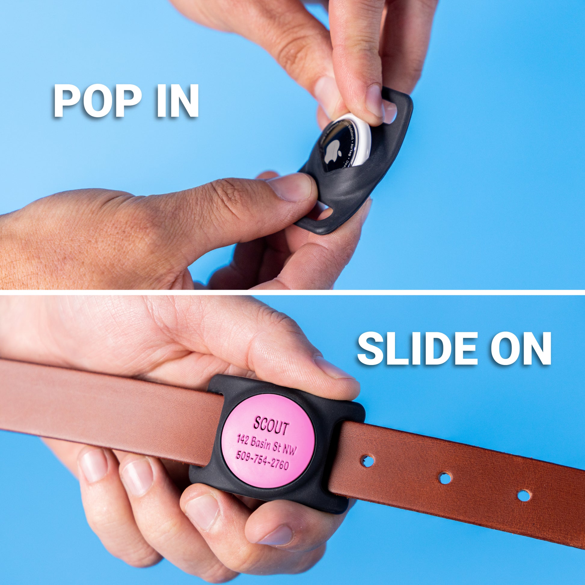 Close-up of pink silicone AirTag dog collar holder showcasing snap-in installation on a brown leather collar with overlay text POP IN and SLIDE ON