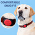 Close-up of red AirTag dog collar holder showcasing personalized engraved plate and snug fit on white dog with ‘Comfortable snug fit’ badge