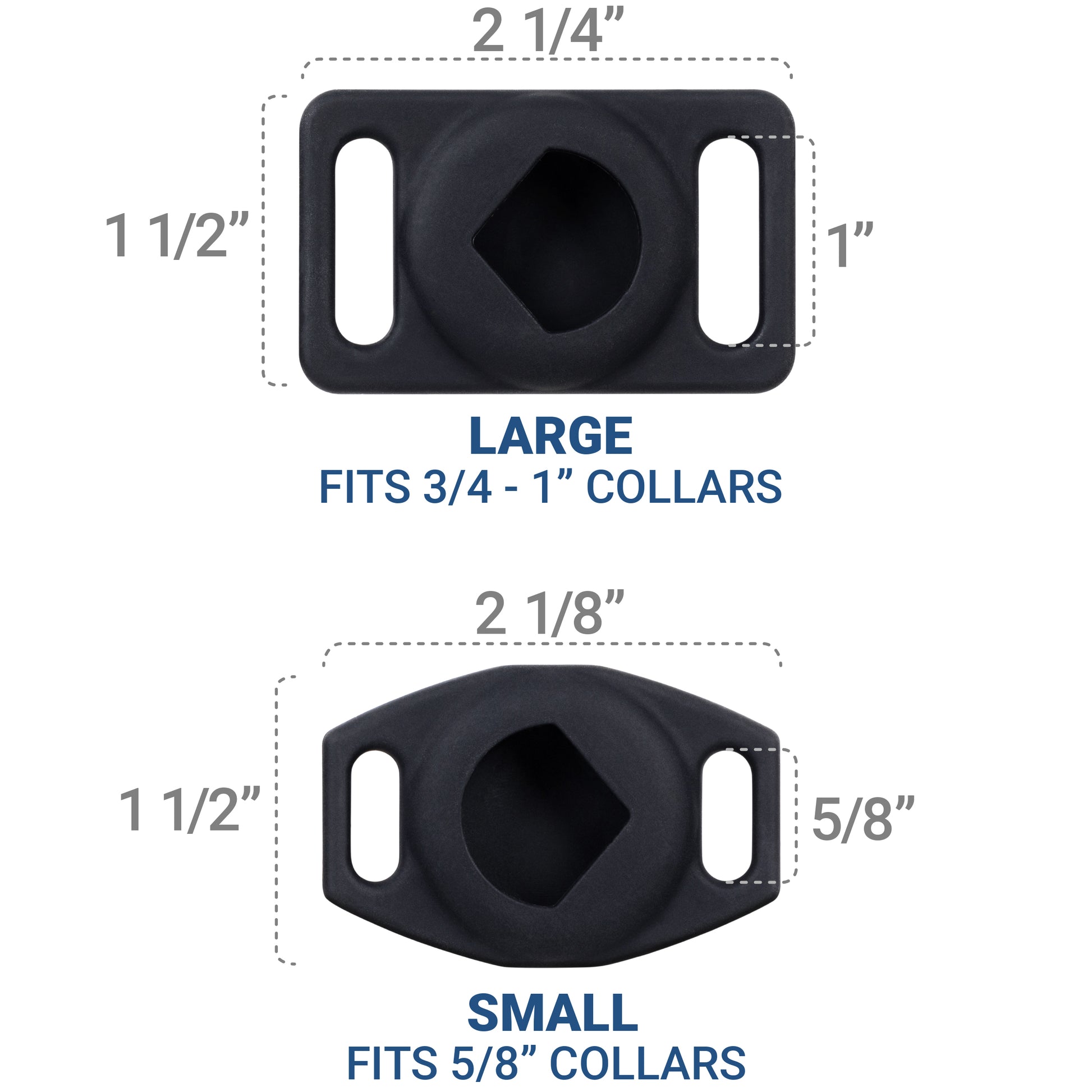 Top view of silicone AirTag collar slider showing LARGE and SMALL labels and measurement markings on white background