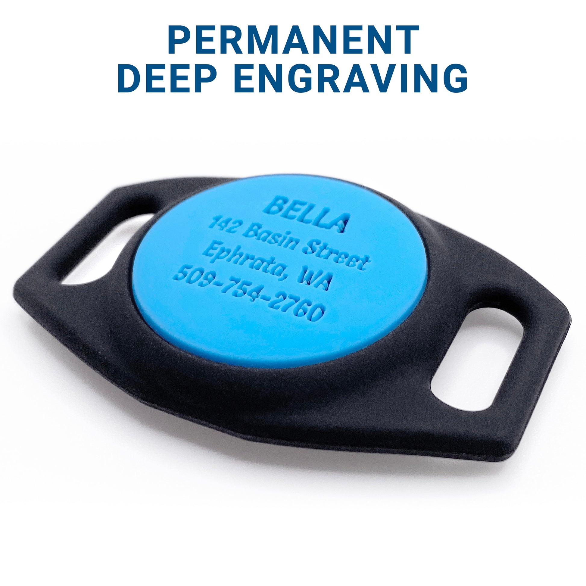 Top view of silicone AirTag holder for dog collar showing personalized engraved blue AirTag insert on black holder