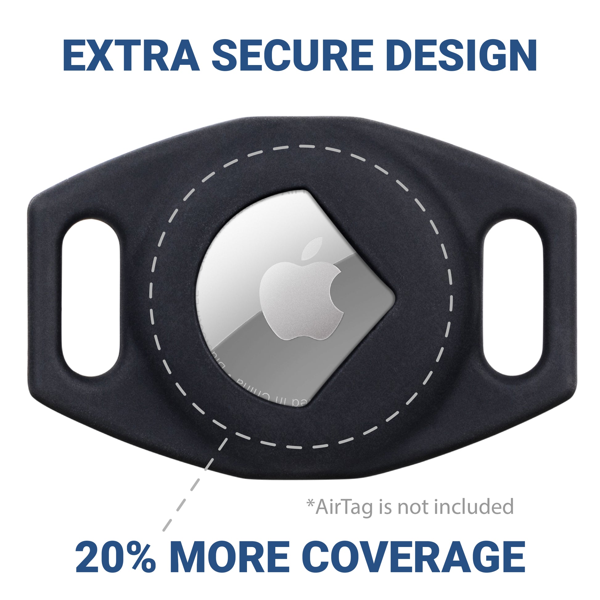 Front view of silicone AirTag dog collar holder with recessed AirTag pocket and EXTRA SECURE DESIGN on white background