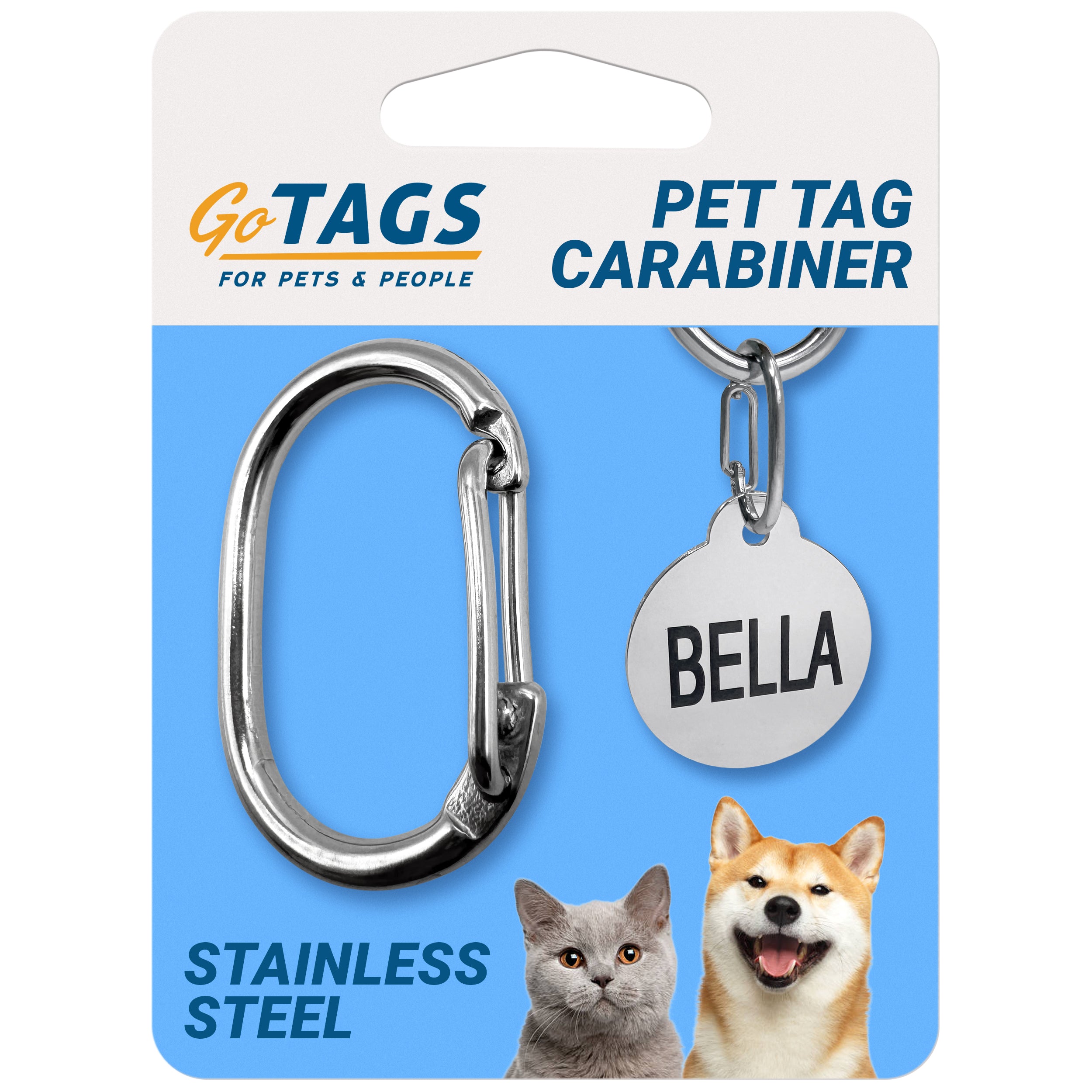 Close-up of Easy-Swap clip showing stainless steel carabiner and engraved pet tag on blue packaging labeled PET TAG CARABINER