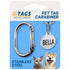 Close-up of Easy-Swap clip showing stainless steel carabiner and engraved pet tag on blue packaging labeled PET TAG CARABINER