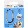 Close-up of Easy-Swap clip showing stainless steel carabiner and engraved pet tag on blue packaging labeled PET TAG CARABINER