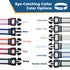 Color chart showing Eye-Catching Collar Color Options with labeled reflective dog-collar swatches