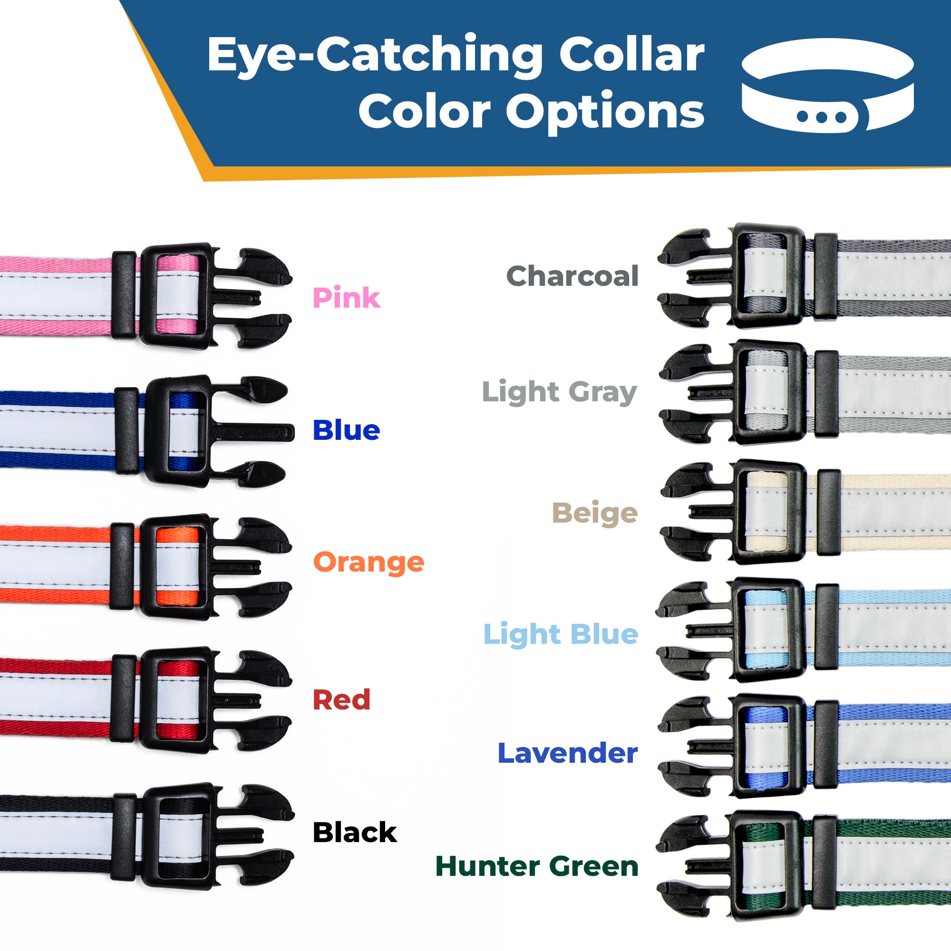 Color chart showing Eye-Catching Collar Color Options with labeled reflective dog-collar swatches