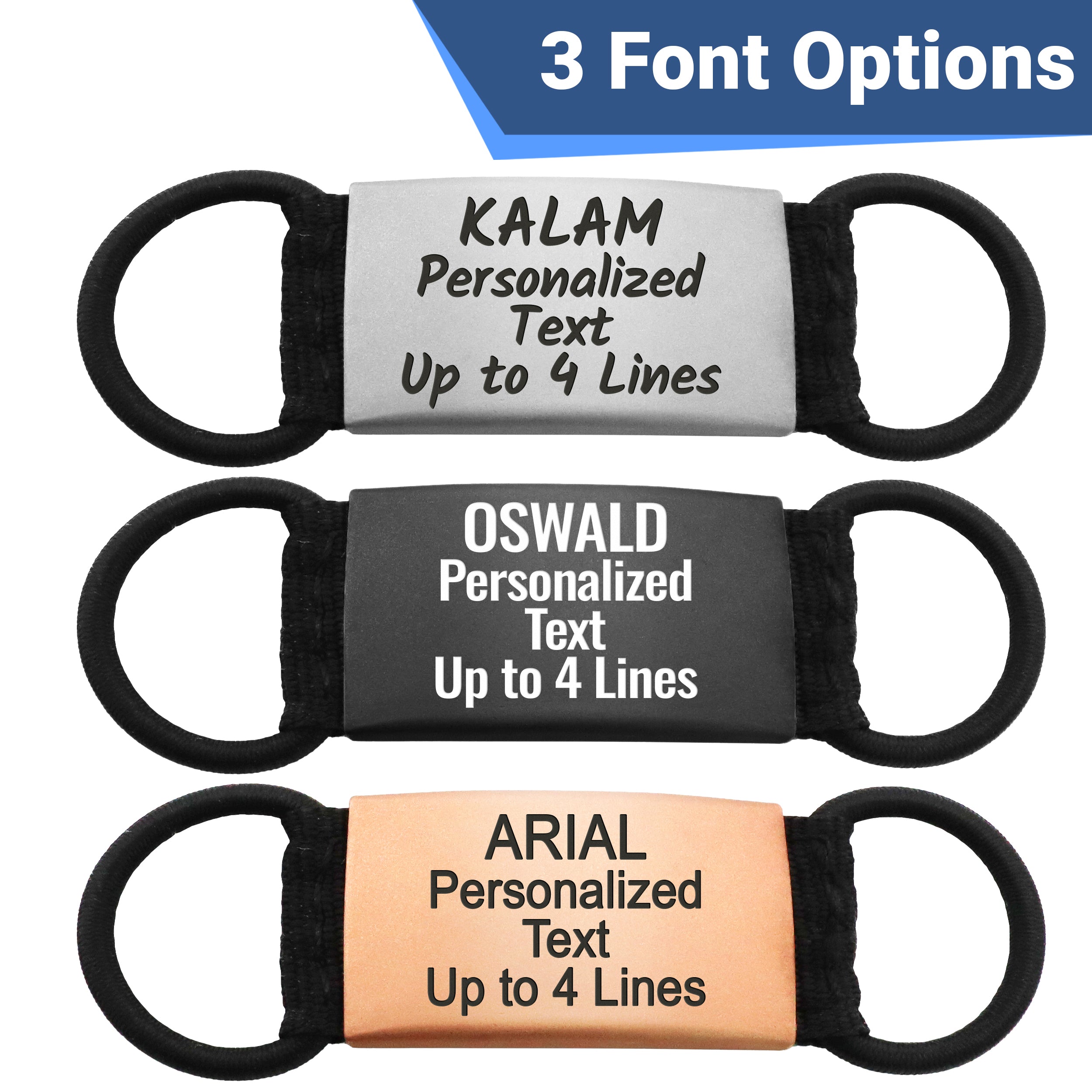 Infographic titled 3 Font Options showing three font choices for dog tags: Kalam, Oswald, Arial