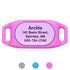 Front view of pink Samsung Galaxy SmartTag2 silicone dog collar holder showcasing laser-engraved pet ID sample on white background