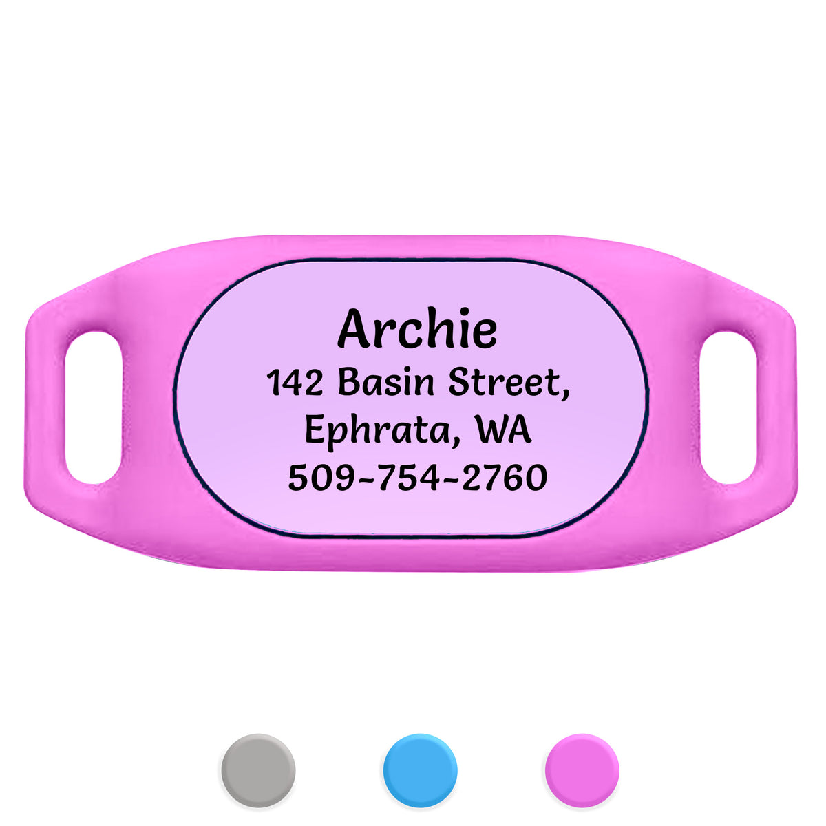 Front view of pink Samsung Galaxy SmartTag2 silicone dog collar holder showcasing laser-engraved pet ID sample on white background