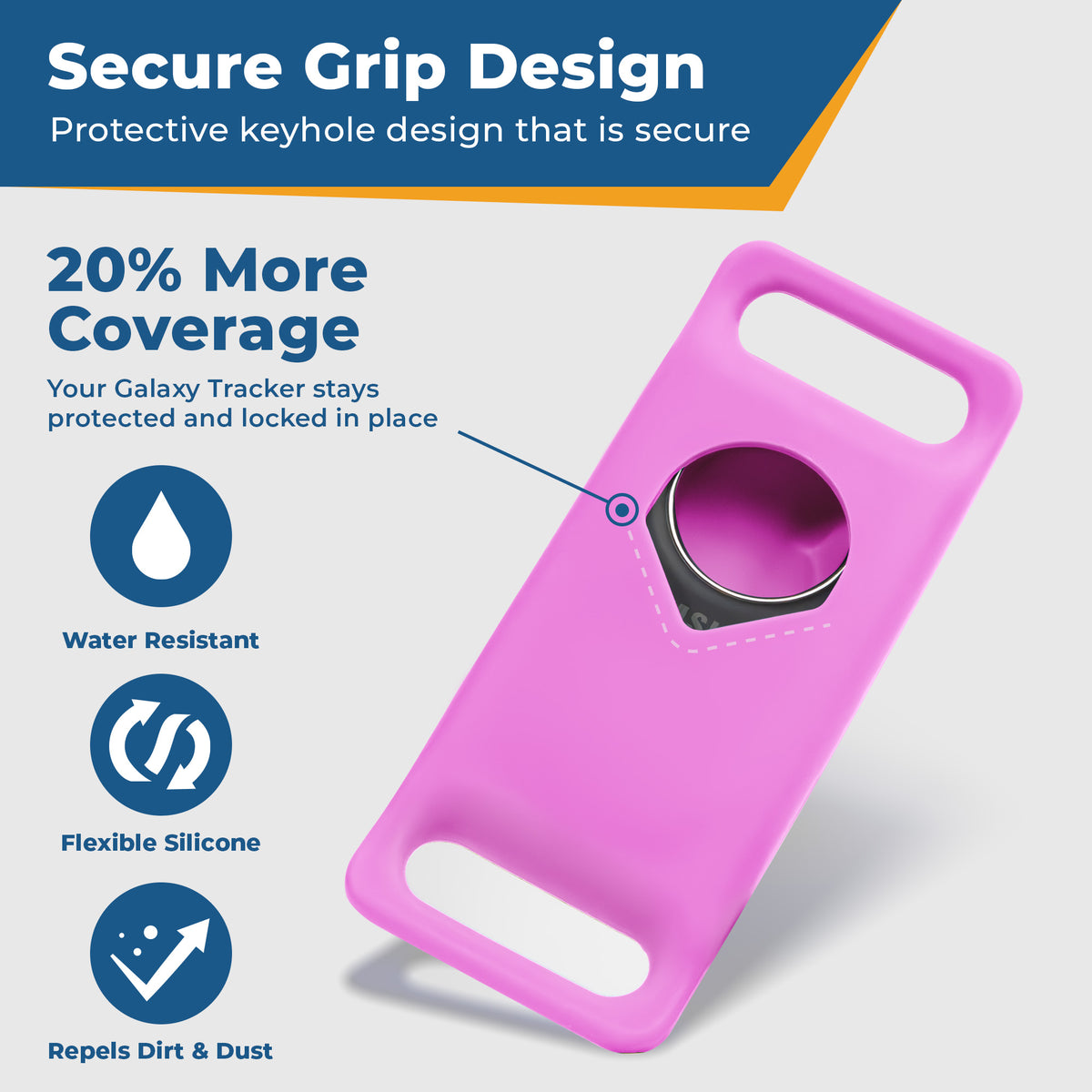 Front view of pink Samsung Galaxy SmartTag2 silicone dog collar holder showing tracker cutout, dual strap slots, and laser-engraving on white background