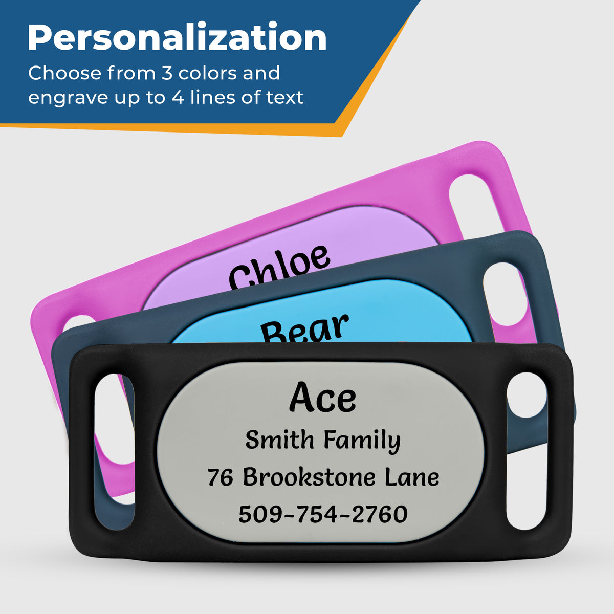 Front view of Samsung Galaxy SmartTag2 collar holder with engraved ID plate and three color options; banner Personalization