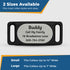 Front view of Samsung Galaxy SmartTag2 dog collar holder showing laser-engraved pet name, dual openings, and 2 Sizes Available banner