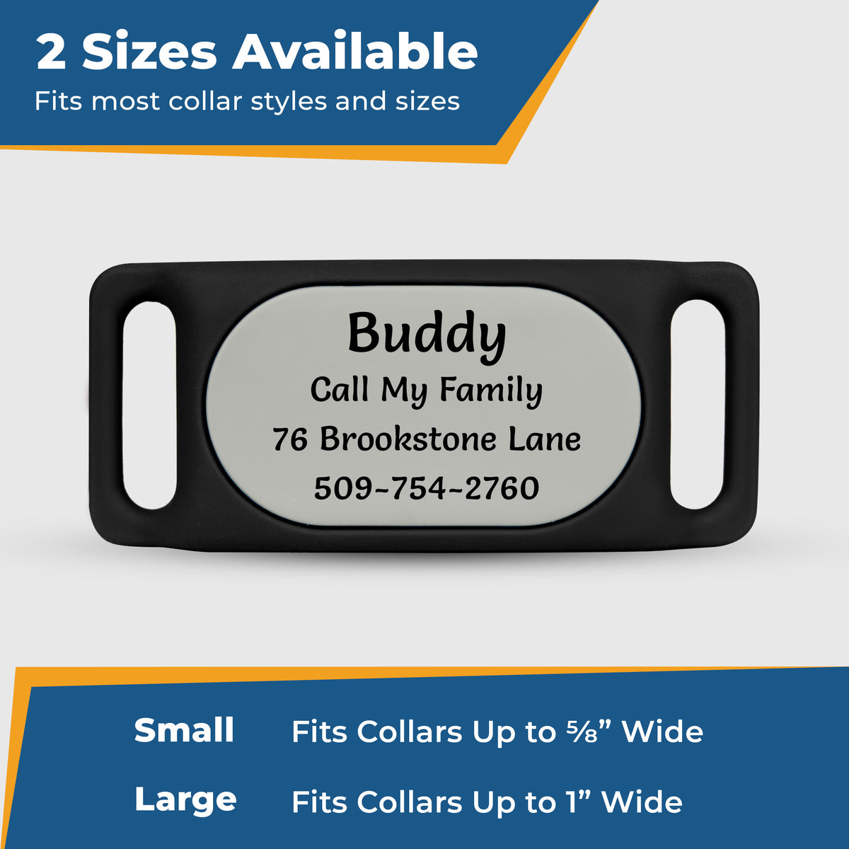 Front view of Samsung Galaxy SmartTag2 dog collar holder showing laser-engraved pet name, dual openings, and 2 Sizes Available banner