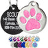 Front view of stainless steel glitter paw pet ID tag showing pink glitter paw inset and split ring on white background