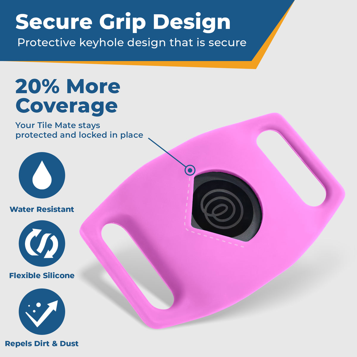 Promotional banner showing Secure Grip Design and 20 percent more coverage for pink Tile Mate silicone holder