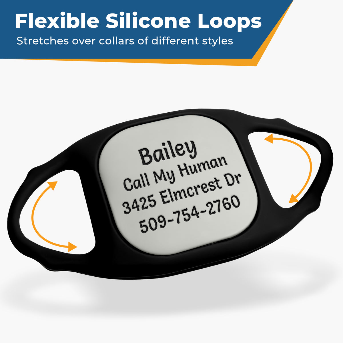 Front view of Tile Mate collar holder with laser-engraved pet ID Bailey Call My Humans and example phone