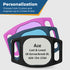 Front view of Life360 Tile Mate tracker holder showing laser-engraved pet ID and snug slide-on silicone fit on white background