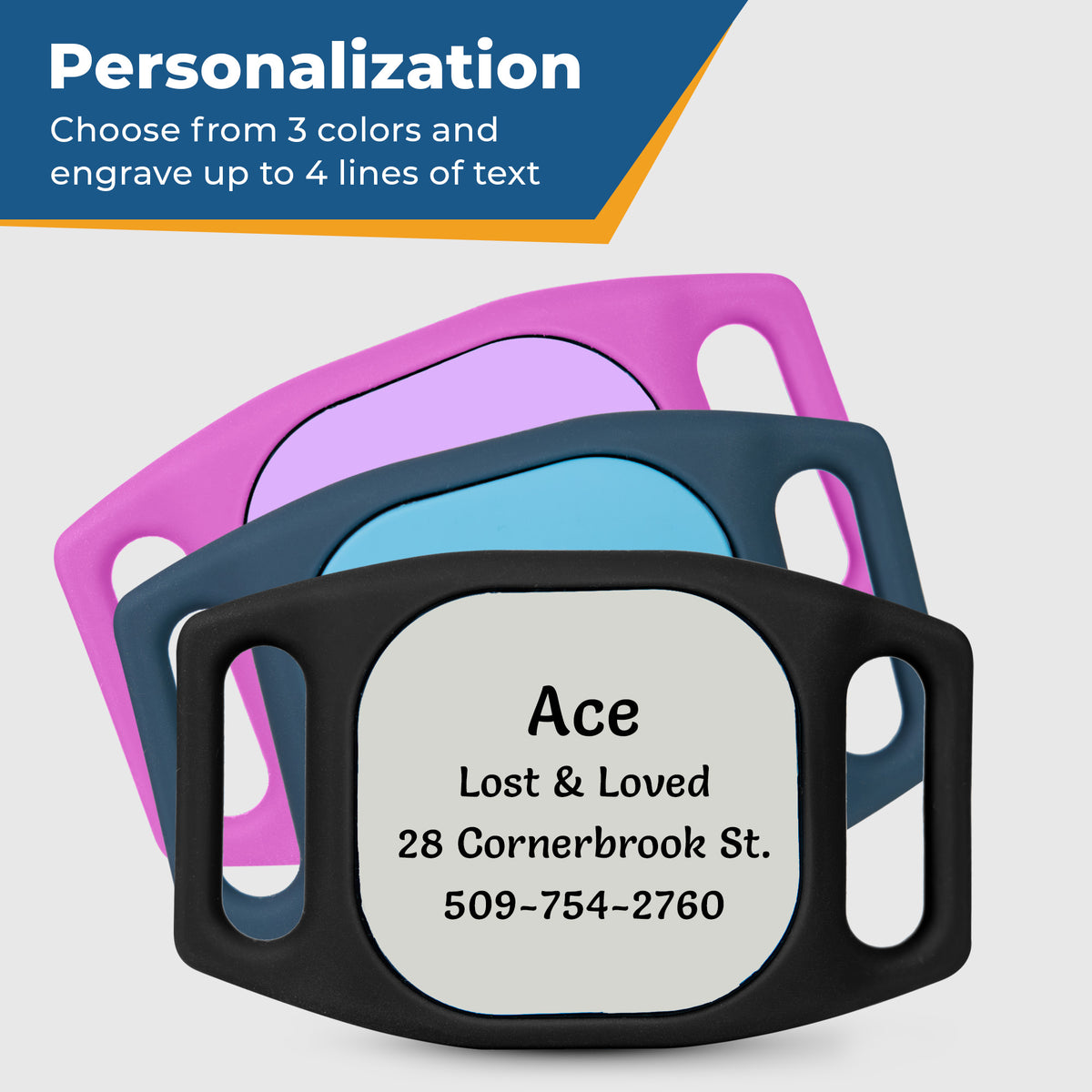 Front view of Life360 Tile Mate tracker holder showing laser-engraved pet ID and snug slide-on silicone fit on white background