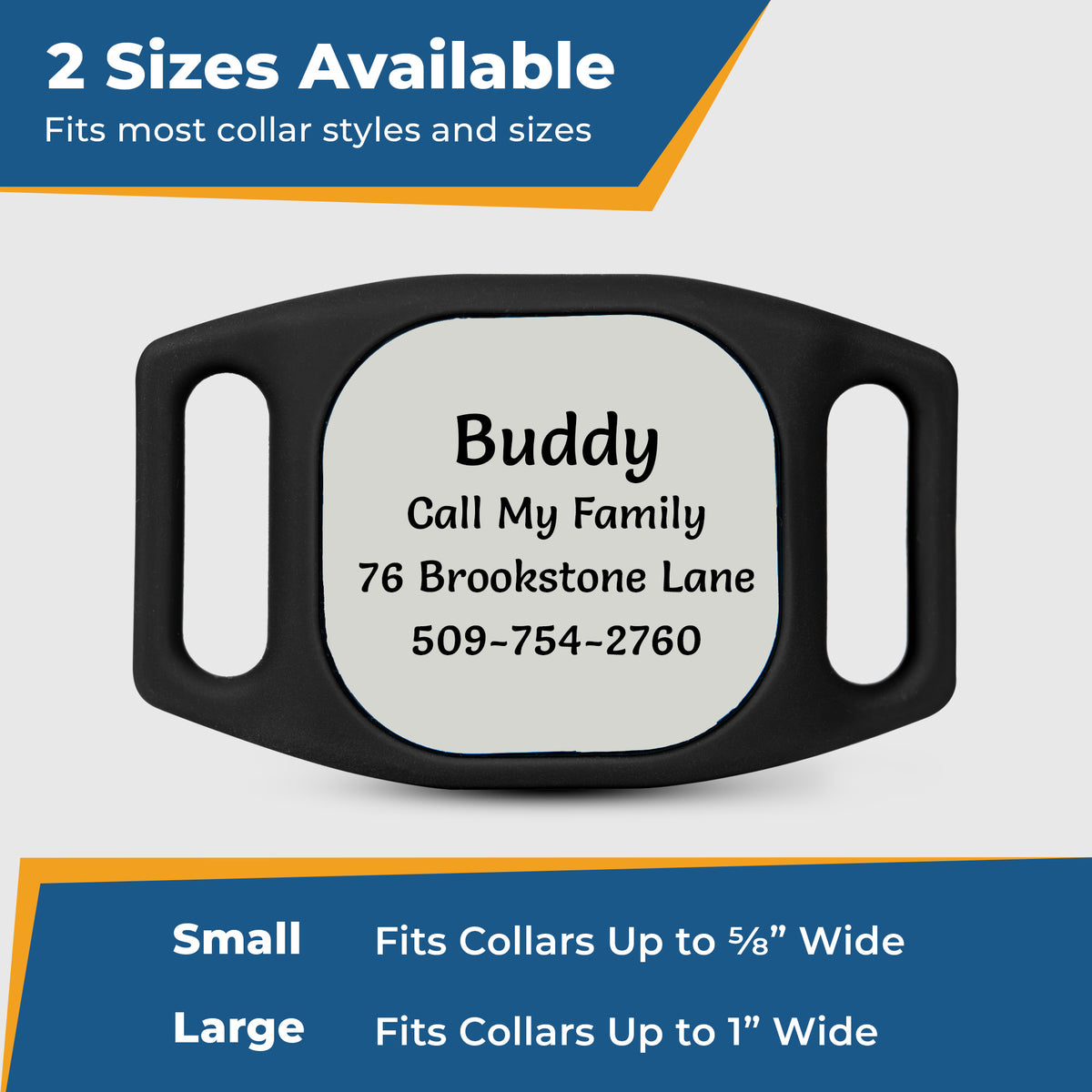 Front view of Tile Mate tracker collar holder showcasing laser engraved ID on black silicone with white background