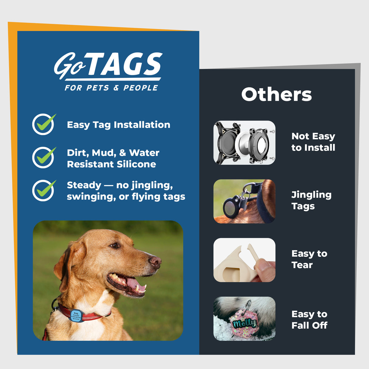 Front view of silicone Tile Mate tracker holder for dog collars showcasing laser-engraved personalized pet ID on white background