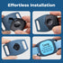 Front view of Tile Mate tracker collar holder showcasing laser-engraved nameplate on blue silicone against white background