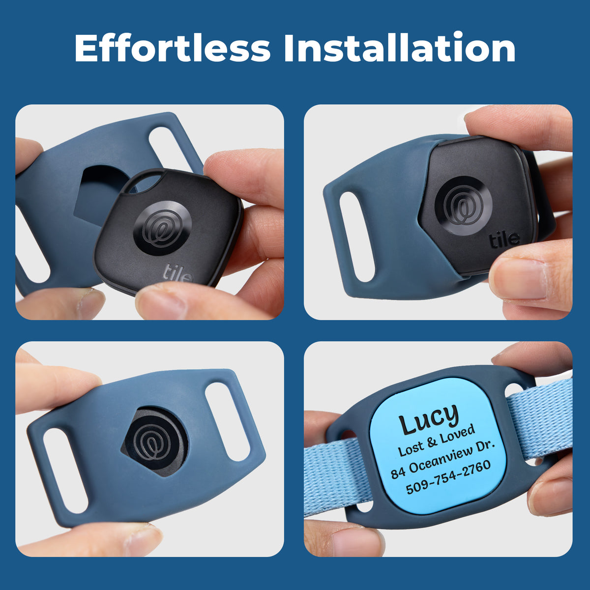 Front view of Tile Mate tracker collar holder showcasing laser-engraved nameplate on blue silicone against white background