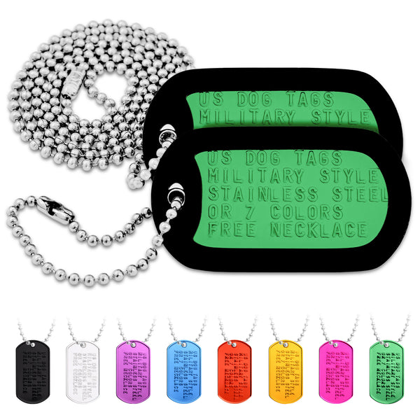 Angled view of embossed US military dog tag necklace set with green anodized tags, ball chains, silencers, and eight colors