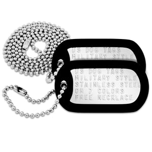 Front view of embossed military dog tag necklace set showcasing two stainless steel tags with black silencers and ball chains