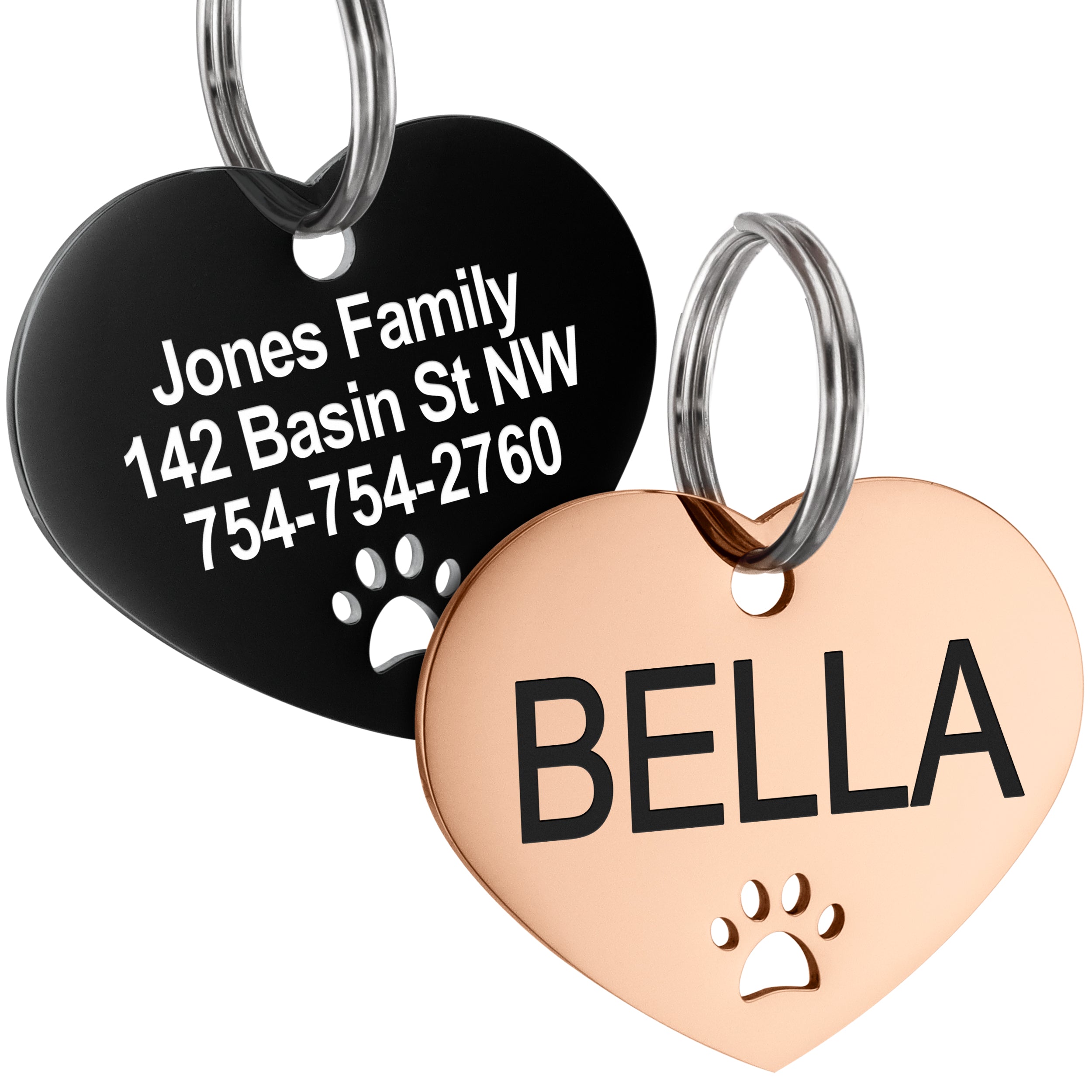 Front and back views of heart stainless steel dog tag showcasing paw cutout, laser engraving, and split ring on white background