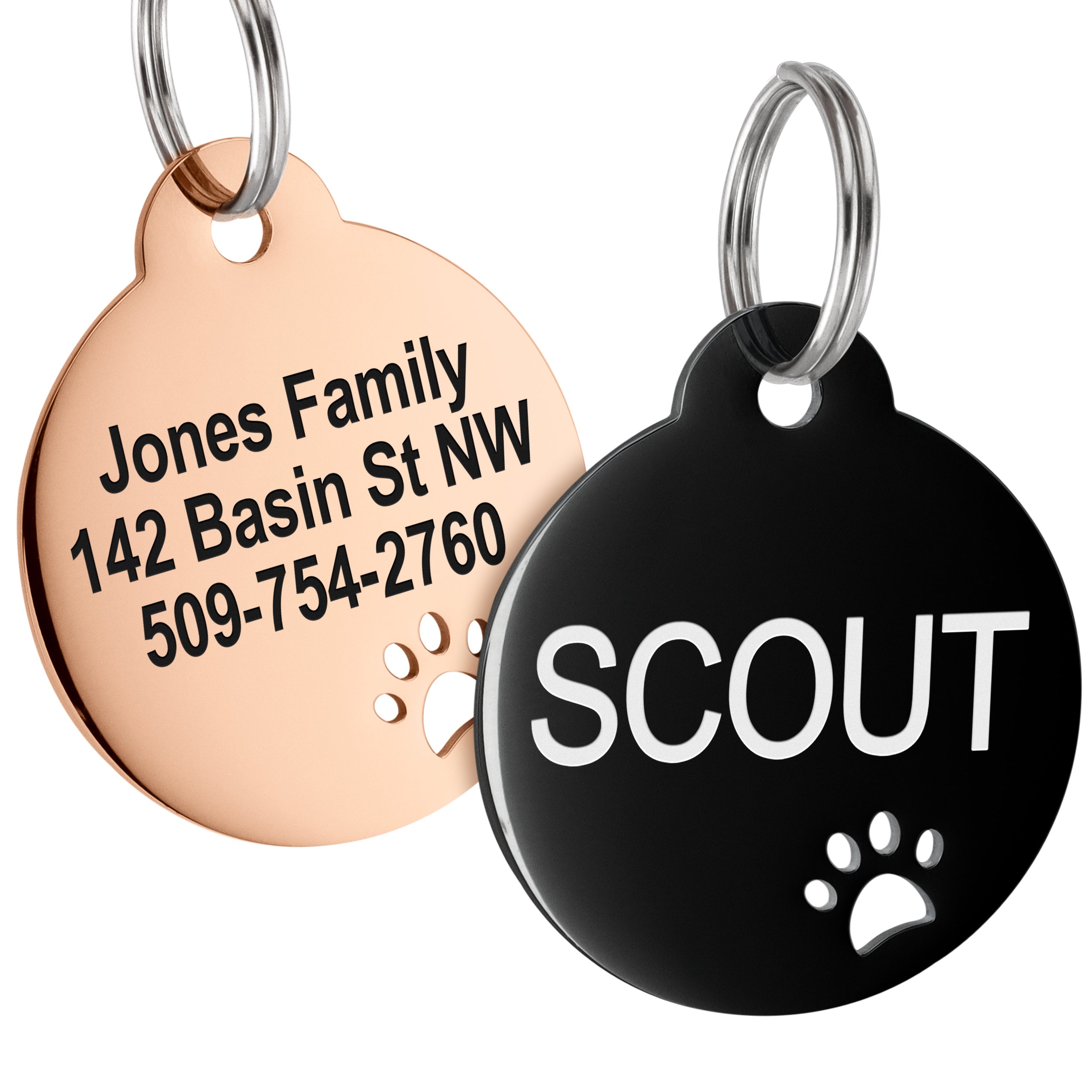 Front view of Round Dog ID Tag with paw cutout showcasing example engraved address and name on white background