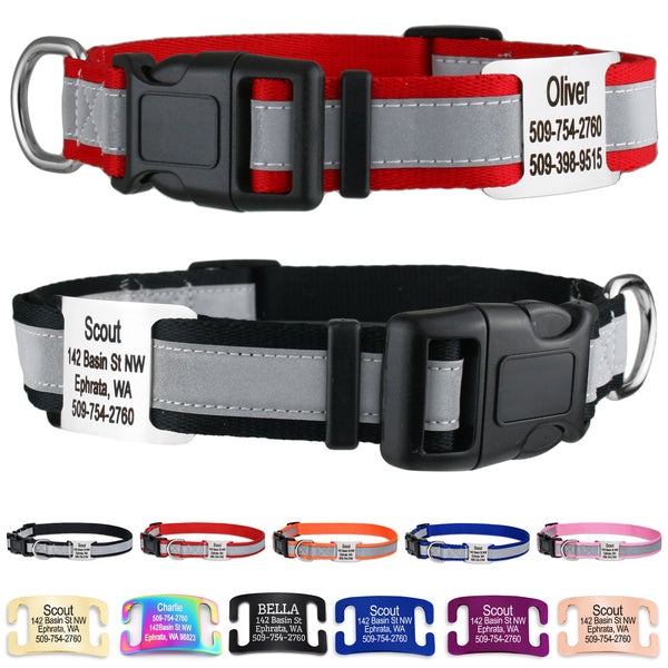 Reflective Dog Collar with Personalized Slide-On Nameplate in Stainless Steel