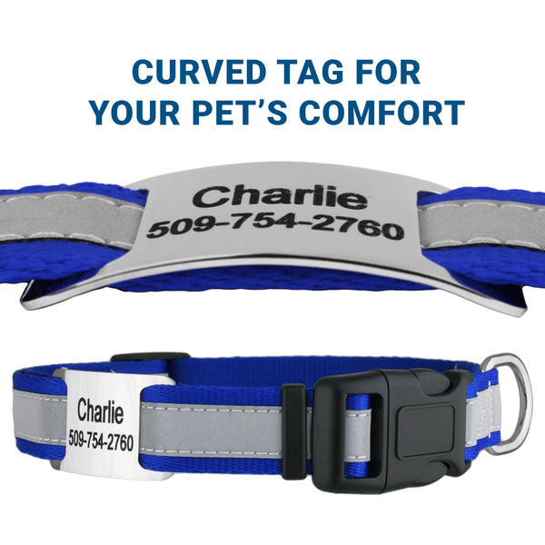 Reflective Dog Collar with Personalized Slide-On Nameplate in Stainless Steel