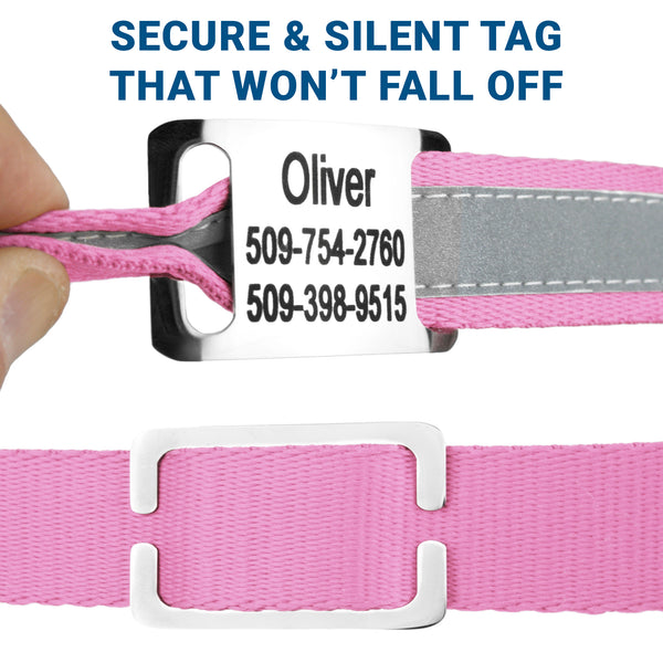 Reflective Dog Collar with Personalized Slide-On Nameplate in Stainless Steel