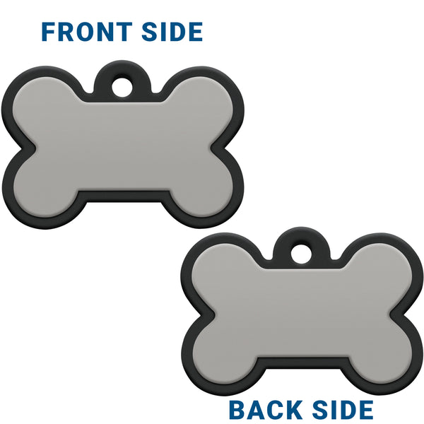 Front and back view of gray silicone bone-shaped pet ID tag labeled 'FRONT SIDE' and 'BACK SIDE' on white background