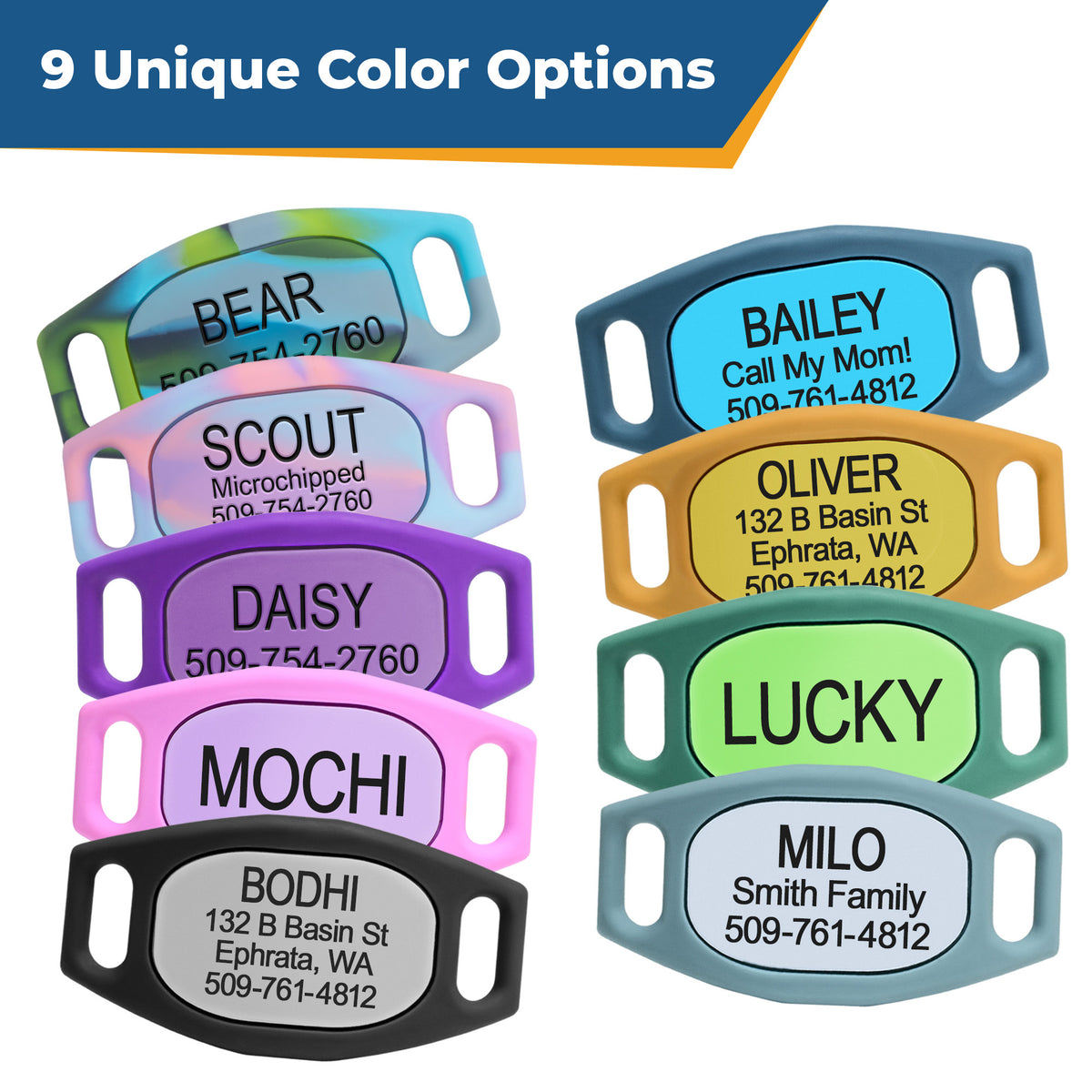 Front view of medium silicone slide-on dog tags showing assorted tie-dye and solid colors with engraved name windows on white