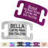 Angled view of Silent Slide-On Pet ID tag in stainless steel showcasing sample engraving with name and phone number on white background