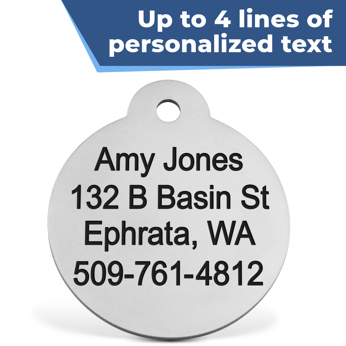 Front close-up of Indoor Cat ID Tag with engraved name and address and banner Up to 4 lines of personalized text